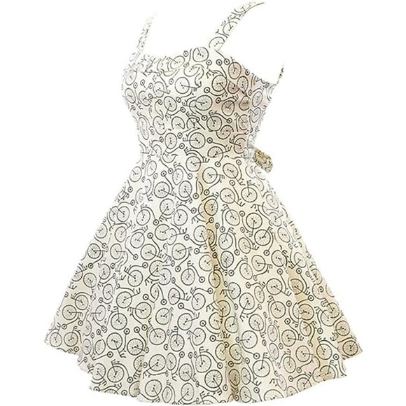 Ixia Dress Bicycle Print Pinup Tie-Back Fit and Flare Dress White Size Large - Picture 7 of 9